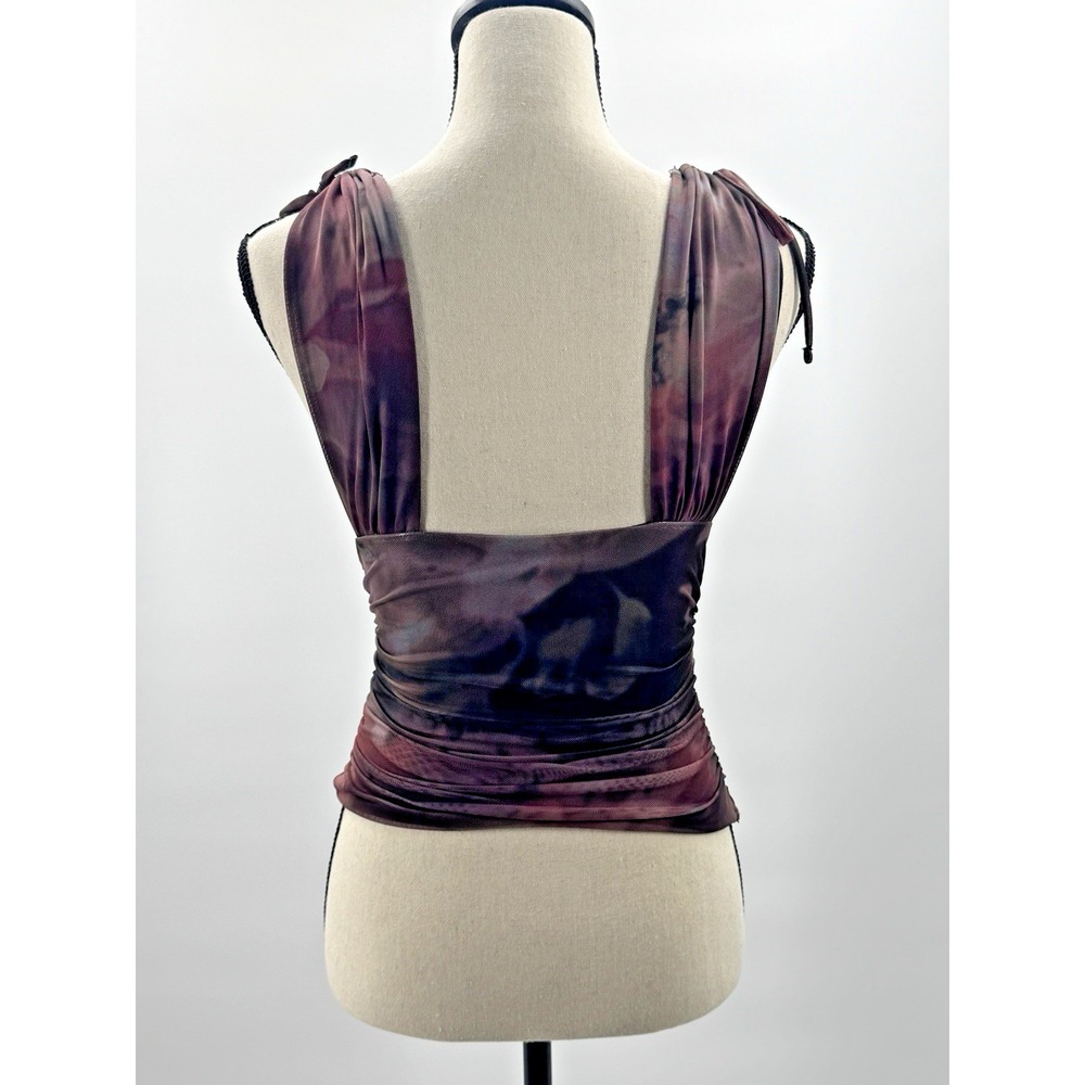Whimsigoth Windsor Mesh Deep V Ruched Top Small Tie Straps Dark Fairy Romantic - Picture 3 of 8
